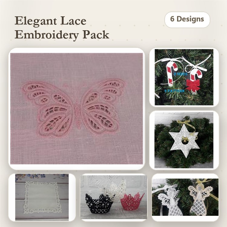 FSL Lace Embroidery Designs Bundle – Butterfly, Star, Crown & More (6 Designs)
