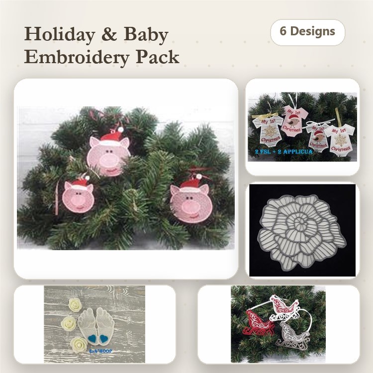 FSL Holiday Baby Embroidery Designs Bundle – Pig Ornament, Baby Onesie, Bootie & More (6 Designs)