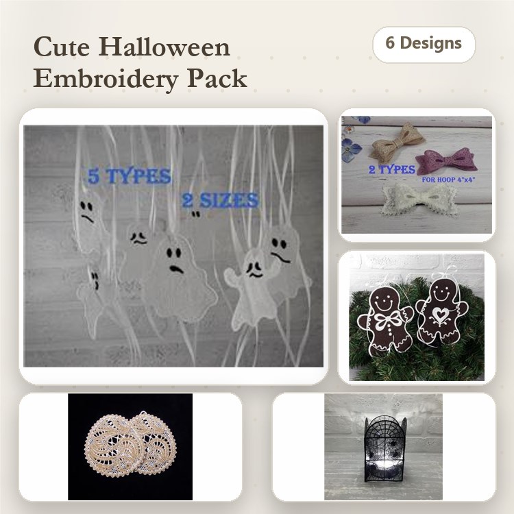 FSL Halloween Ornaments Embroidery Bundle – Ghost, Pumpkin, Gingerbread Man & More (6 Designs)