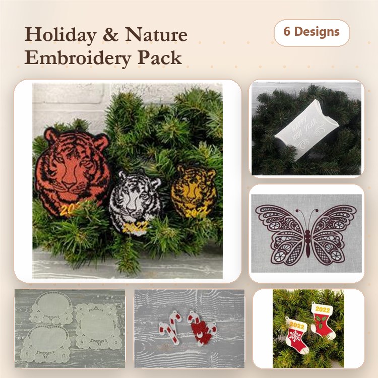 FSL Holiday & Nature Embroidery Designs Bundle – Tiger Decoration, Butterfly Ornament, Holiday Stocking & More (6 Designs)