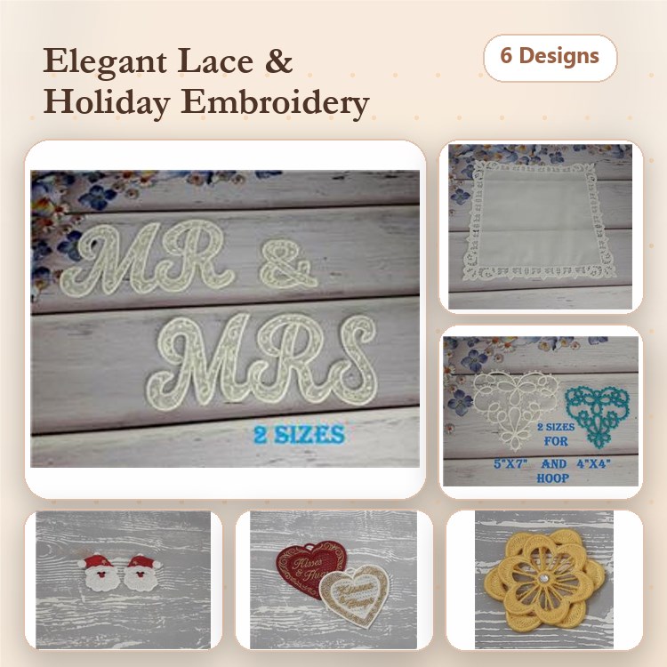 FSL Elegant Lace & Holiday Embroidery Bundle – MR Lace Letters, Holiday Ornament, Lace Heart & More (6 Designs)