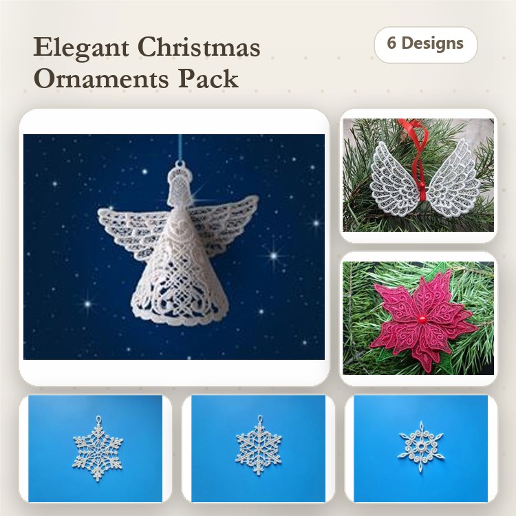 FSL Elegant Christmas Ornaments Embroidery Designs Bundle – Angel, Poinsettia, Snowflakes & More (6 Designs)