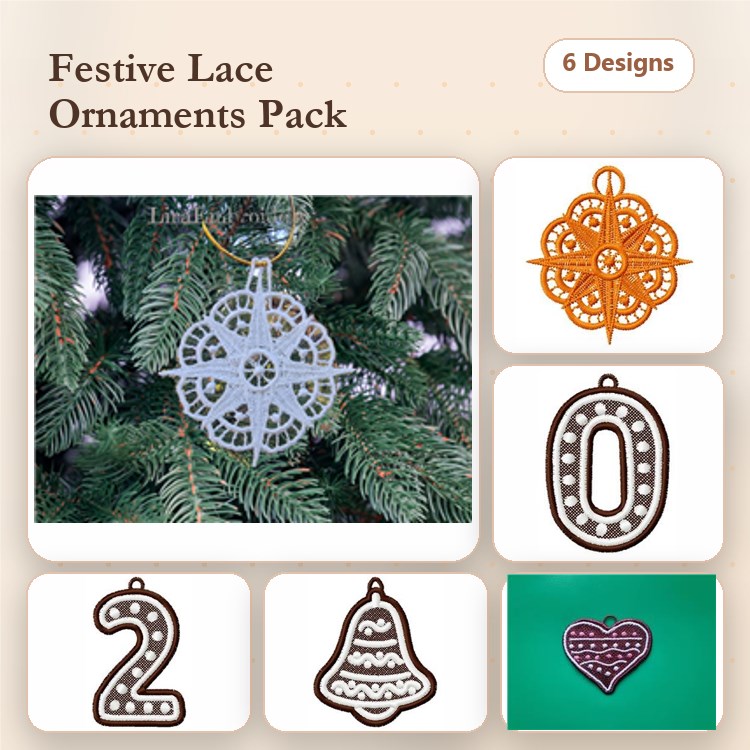 FSL Christmas Ornament Embroidery Designs Bundle – Snowflake, Lace Circle, Bell & More (6 Designs)