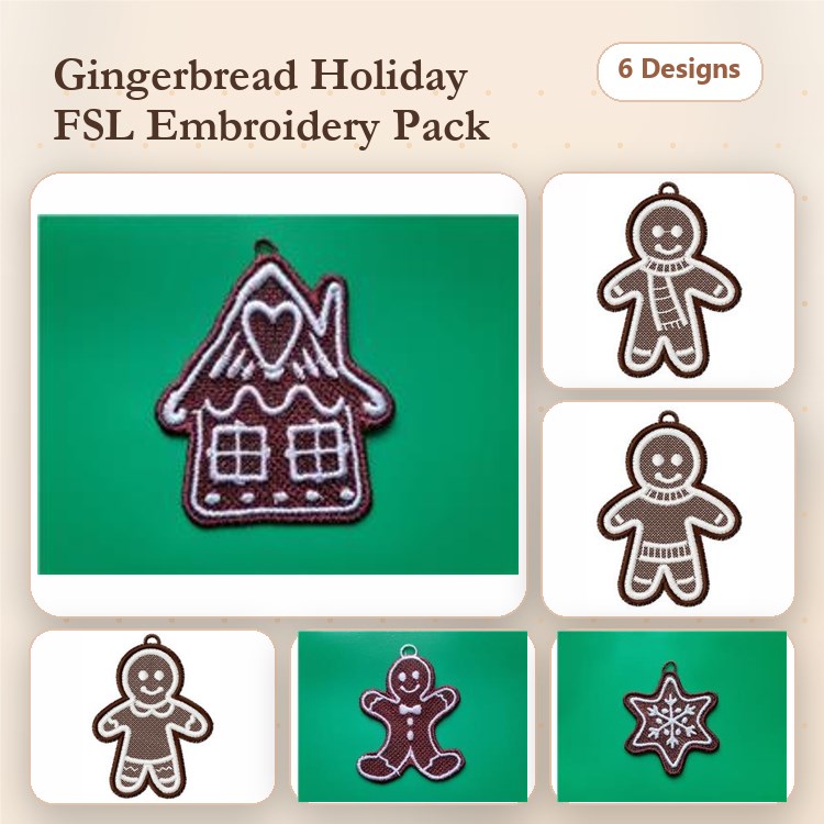 FSL Gingerbread Holiday Embroidery Designs Bundle – Gingerbread House, Man & Woman Ornament, & More (6 Designs)