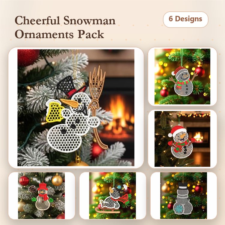 FSL Snowman Ornaments Embroidery Designs Bundle – Snowman with Black Hat, Snowman with Scarf, & More (6 Designs)