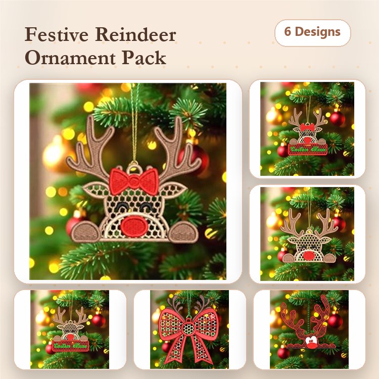 FSL Festive Reindeer Ornaments Embroidery Bundle – Reindeer with Bow, Reindeer Face, Hanging Decoration & More (6 Designs)