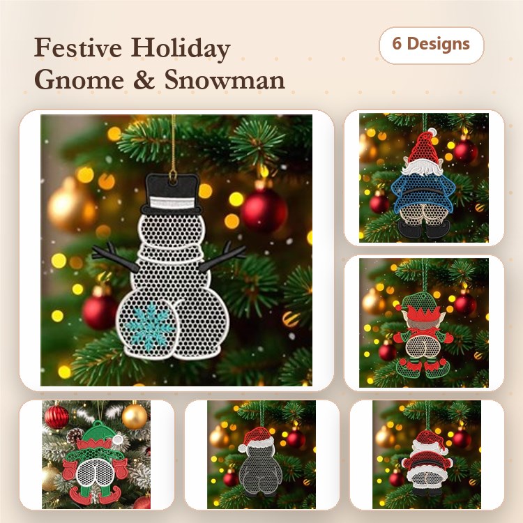 FSL Holiday Gnome & Snowman Embroidery Designs Bundle – Snowman Ornament, Gnome with Red Hat, Gnome with Green Hat & More (6 Designs)