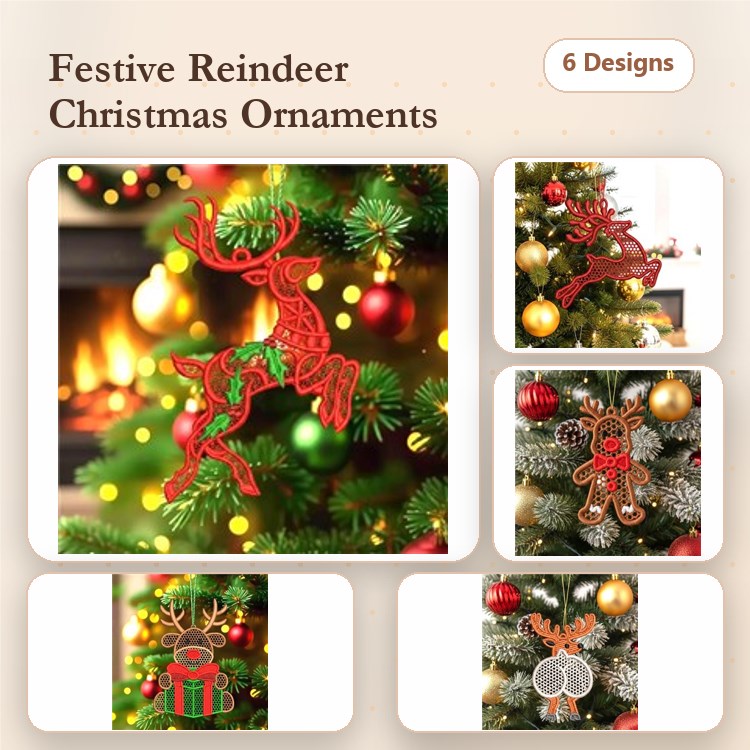 FSL Christmas Reindeer Ornament Embroidery Bundle – Reindeer with Gift, Cute Reindeer Face, Red Lace Reindeer & More (6 Designs)