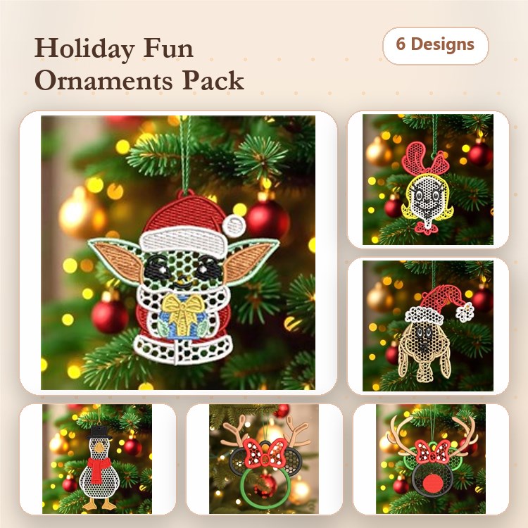 FSL Holiday Ornaments Embroidery Bundle – Dog with Santa Hat, Reindeer, Penguin & More (6 Designs)