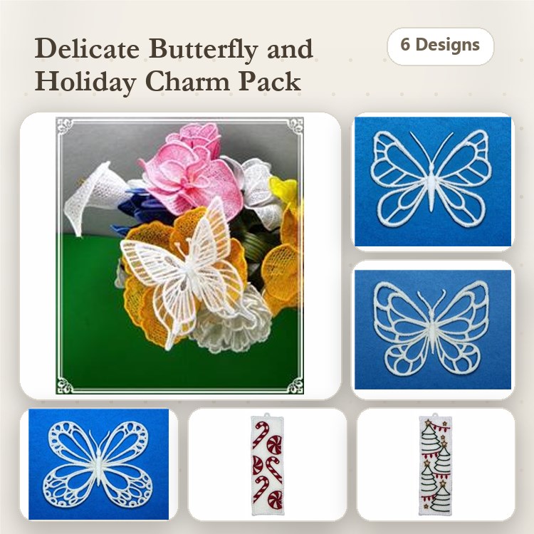 FSL Holiday Charm Embroidery Designs Bundle – Butterfly Lace Ornament, Holiday Charm with Snowman & More (6 Designs)