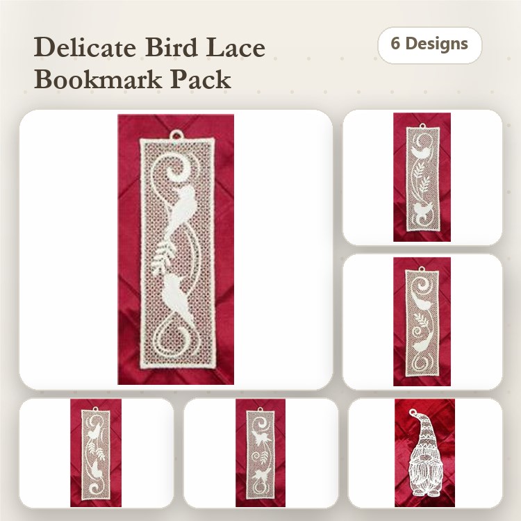 FSL Delicate Bird Lace Embroidery Designs Bundle – Bird Bookmark with Vine, Bird Silhouette Bookmark & More (6 Designs)