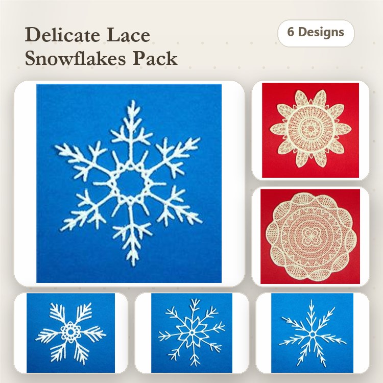 FSL Delicate Lace Snowflakes Embroidery Designs Bundle – Intricate Snowflake, Floral Snowflake & More (6 Designs)