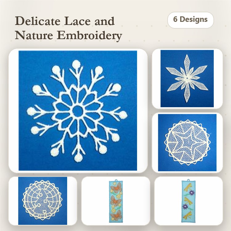 FSL Nature Lace Embroidery Designs Bundle – Snowflake Lace, Floral Lace, Star Lace & More (6 Designs)