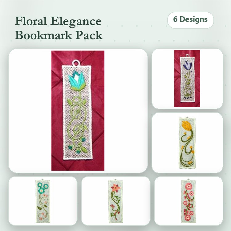 FSL Floral Bookmark Embroidery Designs Bundle – Blue Flower, Green Vine, Purple Flower & More (6 Designs)