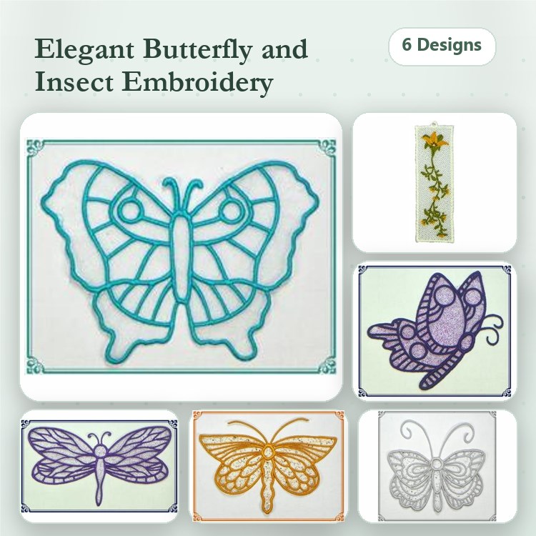 FSL Butterflies and Insects Embroidery Designs Bundle – Lace Butterfly, Lace Dragonfly, Lace Ladybug & More (6 Designs)