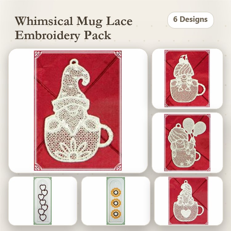 FSL Whimsical Mug Embroidery Designs Bundle – Santa Hat, Ice Cream, Balloons & More (6 Designs)