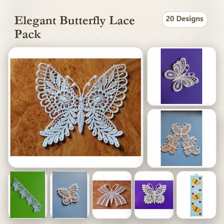 FSL Butterfly Lace Embroidery Bundle – Large & Small Butterfly Ornaments, Decorative Trim & More (20 Designs)