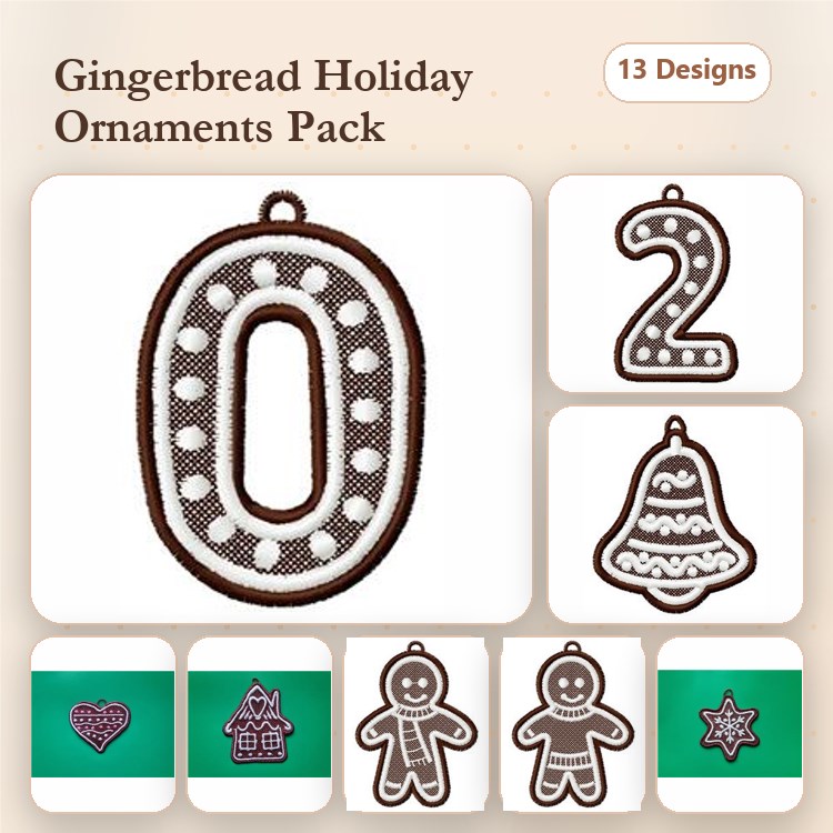FSL Gingerbread Holiday Ornaments Embroidery Designs Bundle – Gingerbread House, Man, Star Ornament & More (13 Designs)