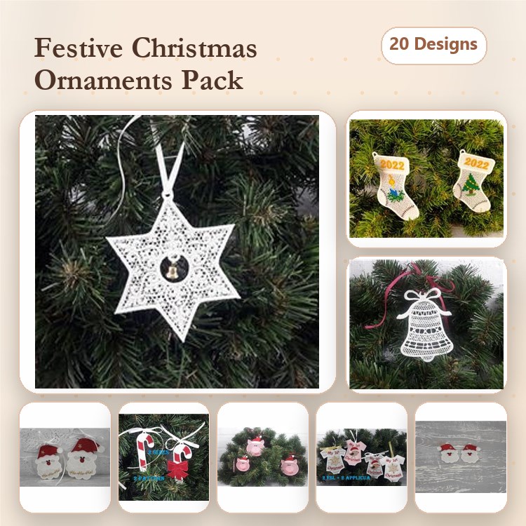 FSL Christmas Ornament Embroidery Designs Bundle – Star, Bell, Santa Face & More (20 Designs)
