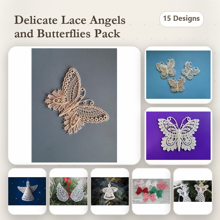 FSL Lace Angels & Butterflies Embroidery Designs Bundle – Butterfly Ornament, Angel Ornament & More (15 Designs)