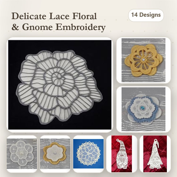FSL Floral & Gnome Embroidery Designs Bundle – Delicate Lace Flower, Lace Gnome Ornament, Flower Ornament & More (14 Designs)