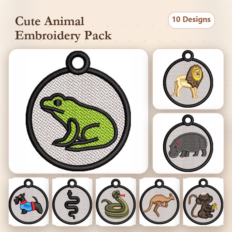 Animal Embroidery Bundle – Snake, Frog, Hippopotamus & More (10 Designs)