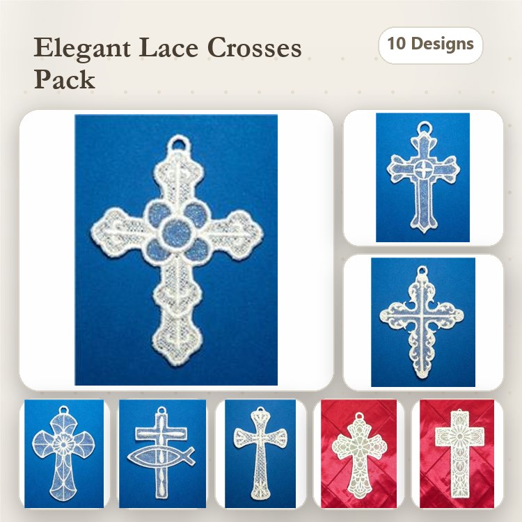 FSL Lace Cross Embroidery Designs Bundle – Elegant Lace Cross with Flower, Circle, Fish & More (10 Designs)
