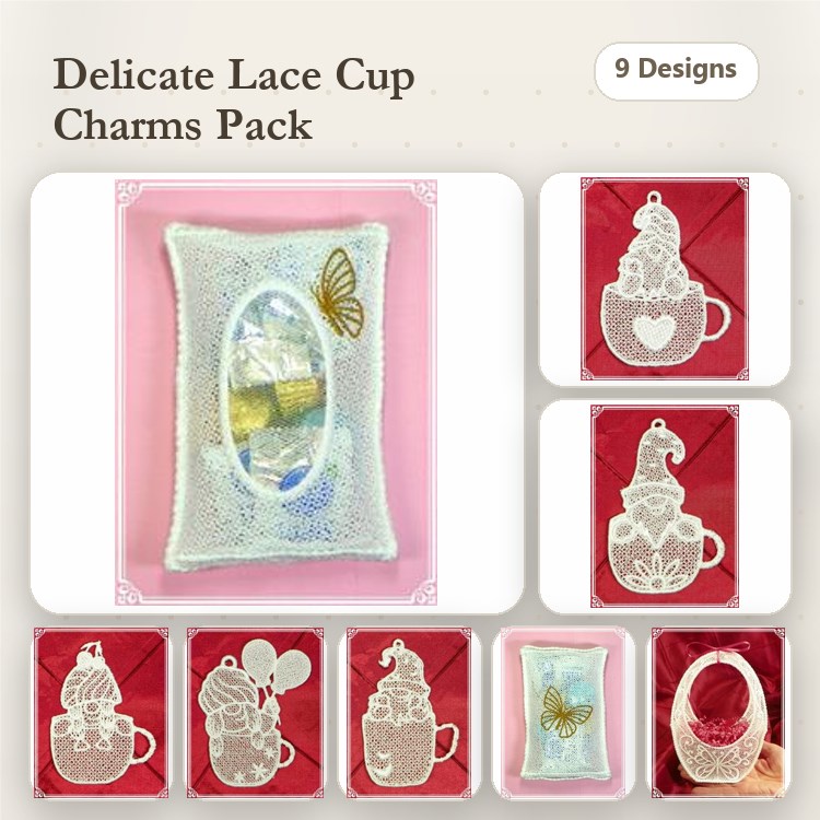FSL Lace Cup Charms Embroidery Designs Bundle – Butterfly, Santa, Heart & More (9 Designs)
