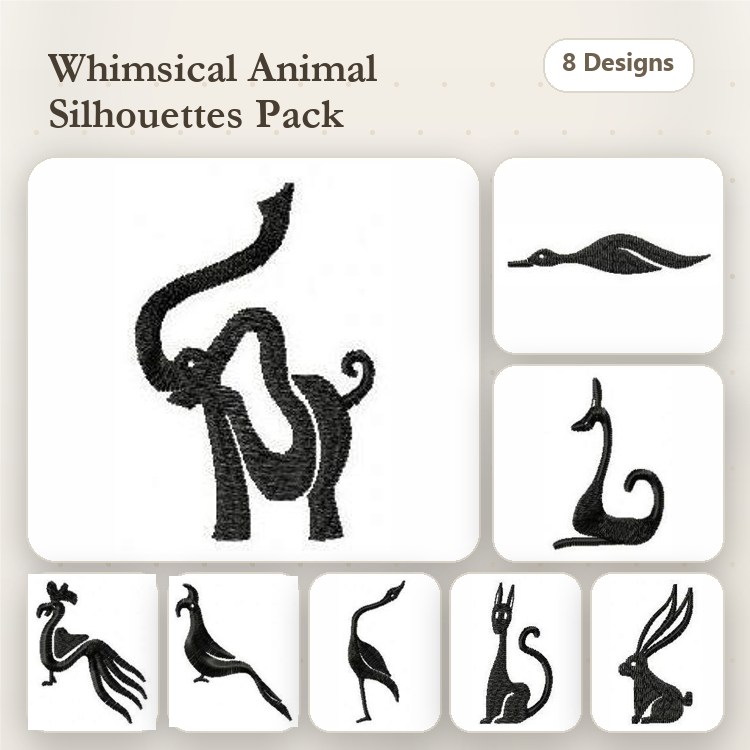 Animal Silhouettes Embroidery Designs Bundle – Elephant, Bird, Snake, & More (8 Designs)