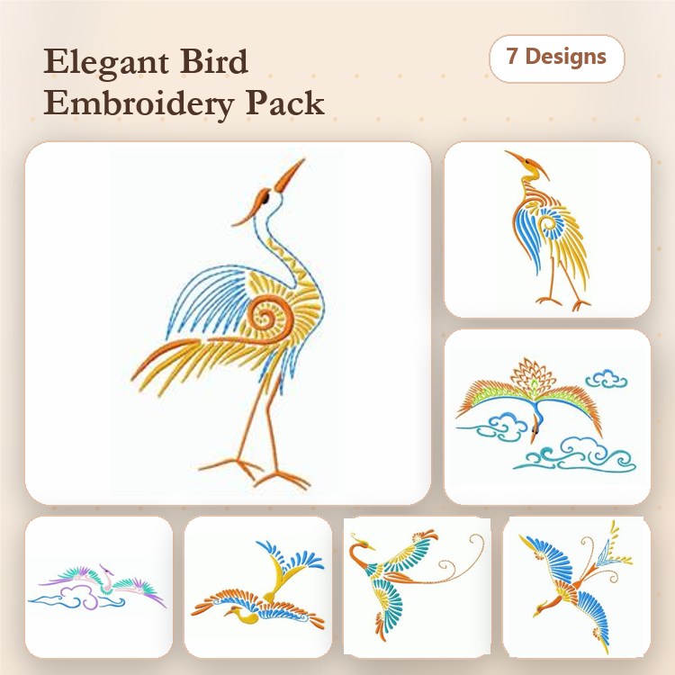 Elegant Cranes Embroidery Design Bundle – 7 Designs