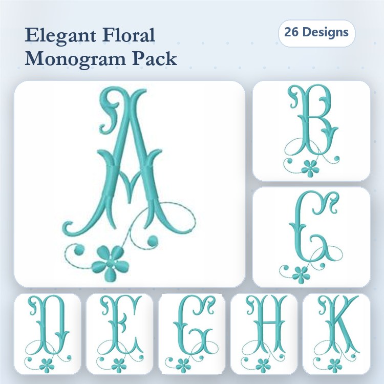 Floral Monograms Embroidery Designs Bundle – Floral Monogram A, Floral Monogram B, Floral Monogram C & More (26 Designs)