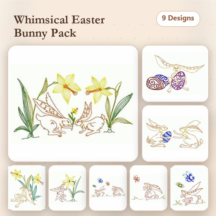 Easter Bunny & Daffodils Embroidery Designs Bundle – Bunny with Grass, Decorated Easter Eggs, & More (9 Designs)