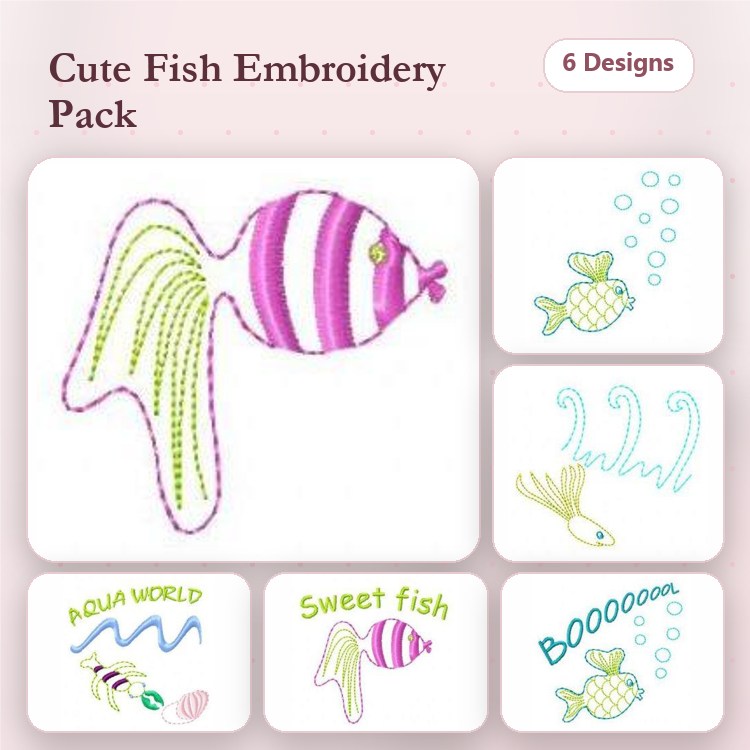 Cute Fish Illustrations Embroidery Designs Bundle – Striped Fish, Aqua World, Sweet Fish & More (6 Designs)