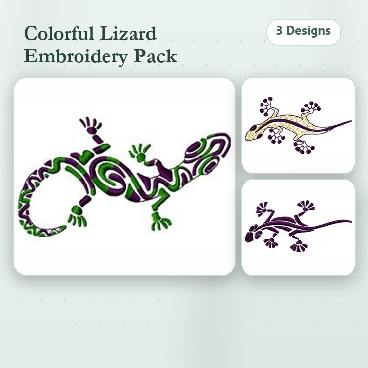 Colorful Lizard Embroidery Designs Bundle – Lizard with Swirls, Gecko with Spots, Lizard Outline & More (7 Designs)