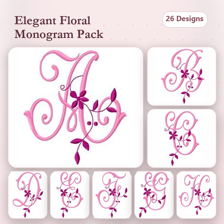 Elegant Floral Monograms Embroidery Designs Bundle – Monogram A, Monogram B, Monogram C & More (26 Designs)