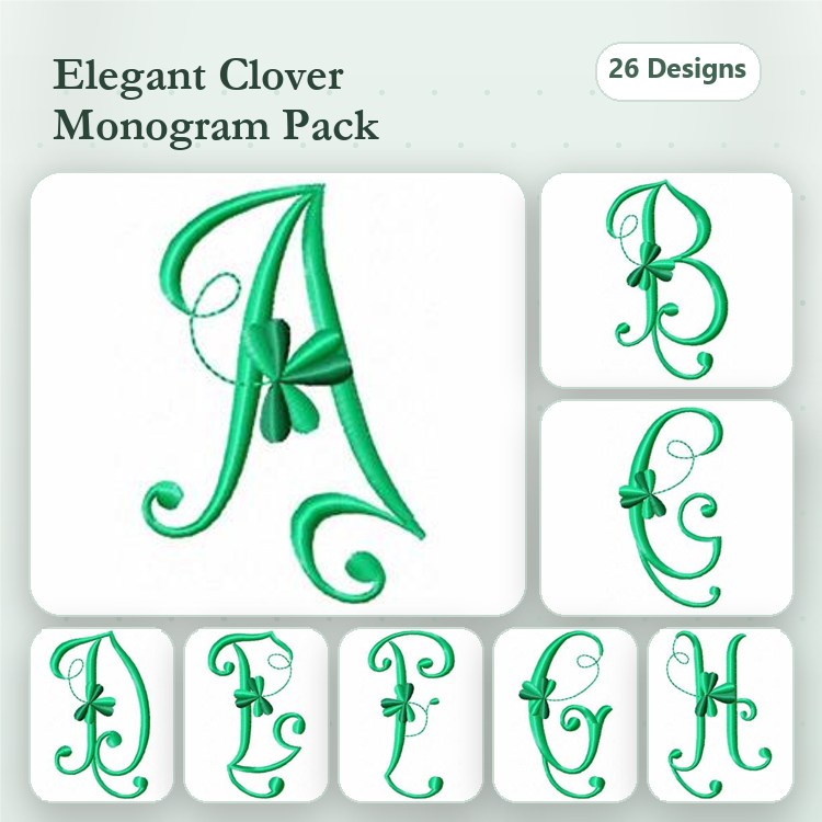 Elegant Clover Monograms Embroidery Designs Bundle – A, B, C Monograms & More (26 Designs)