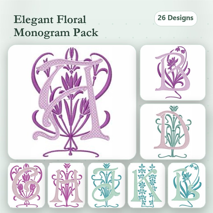 Floral Monograms Embroidery Designs Bundle – Elegant Floral Monogram A, B, C & More (26 Designs)