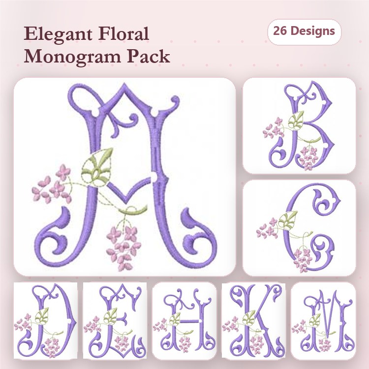 Floral Monograms Embroidery Designs Bundle – Elegant Floral Monogram M, B, C, D, K & More (26 Designs)