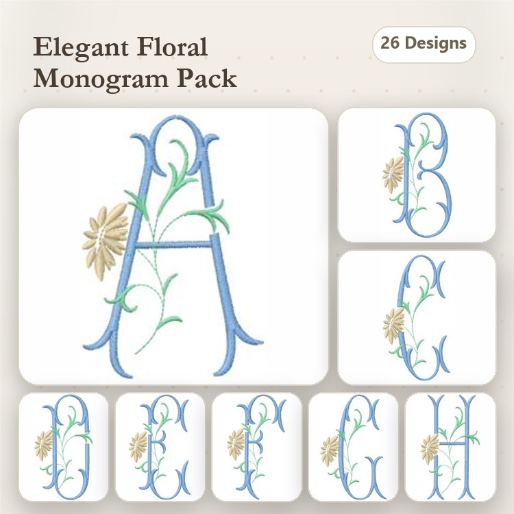 Floral Monogram Embroidery Bundle – Elegant A, B, C, D & More (26 Designs)