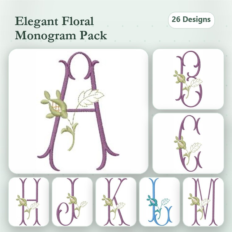 Floral Monograms Embroidery Designs Bundle – A, B, C & More (26 Designs)