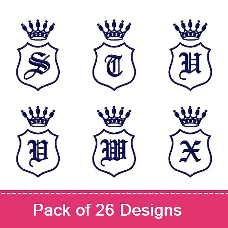 Monogrammed Shields with Crowns Embroidery Designs Bundle – Monogram Shield S, Monogram Shield T, Monogram Shield U & More (26 Designs)