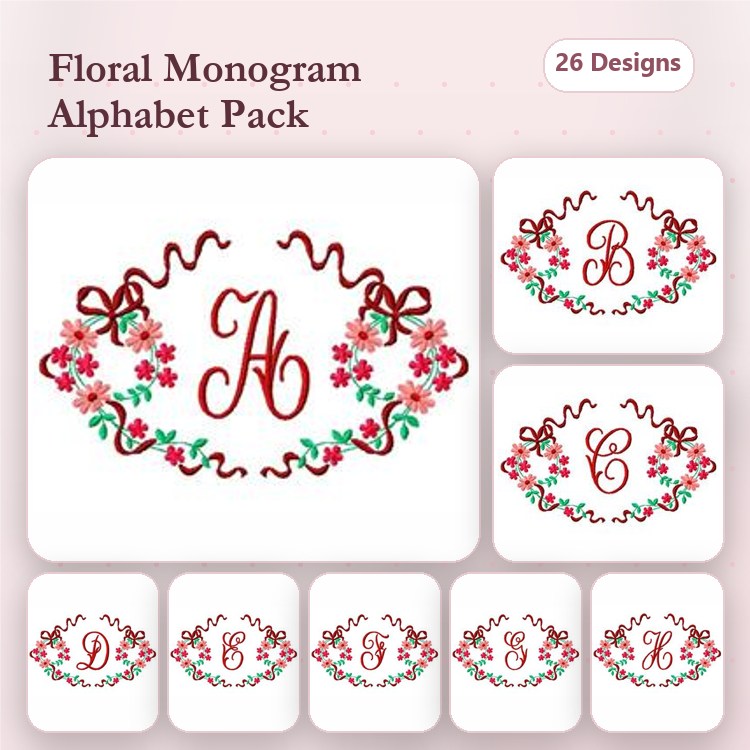 Floral Monogram Embroidery Designs Bundle – Floral Monogram A, B, C, D, E & More (26 Designs)
