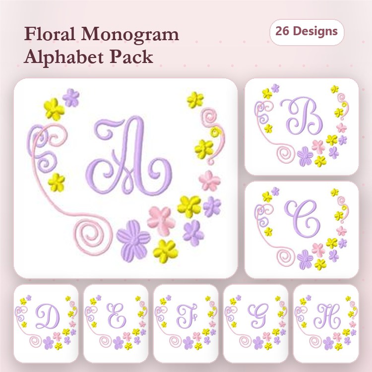 Floral Monogram Embroidery Bundle – A, B, C, D & More (26 Designs)