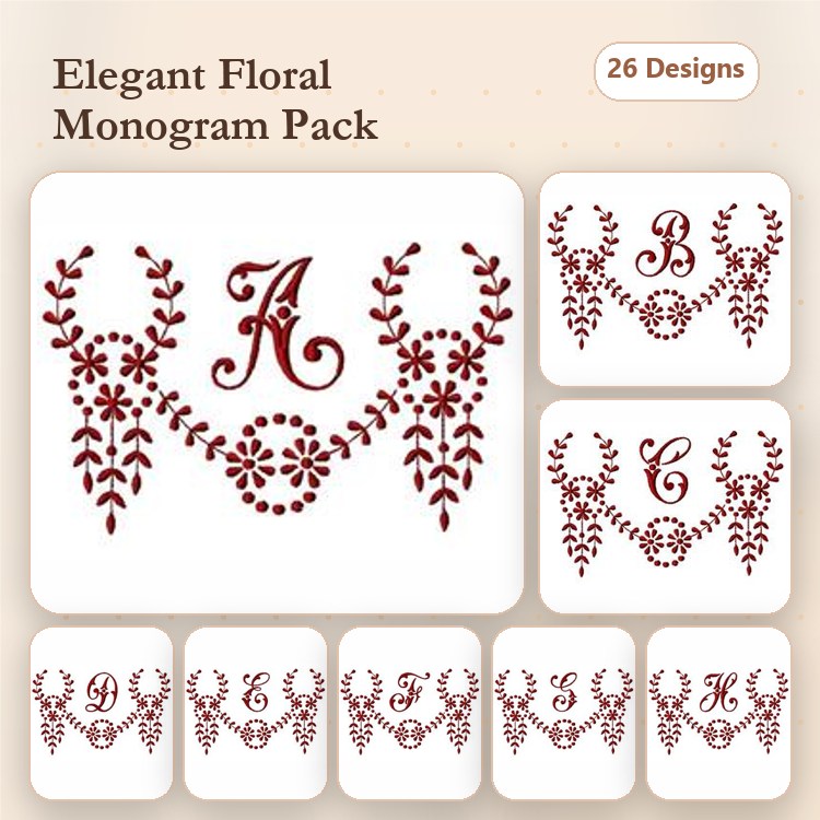 Redwork Floral Monograms Embroidery Designs Bundle – Elegant Floral Monogram A, B, C & More (26 Designs)