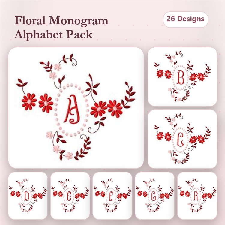 Floral Monogram Embroidery Designs Bundle – Floral Monogram A, Floral Monogram B, Floral Monogram C & More (26 Designs)