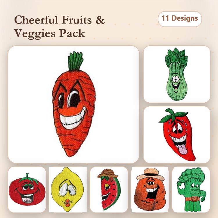 Cheerful Cartoon Fruits and Vegetables Embroidery Designs Bundle – Smiling Carrot, Happy Celery, Excited Broccoli & More (11 Designs)