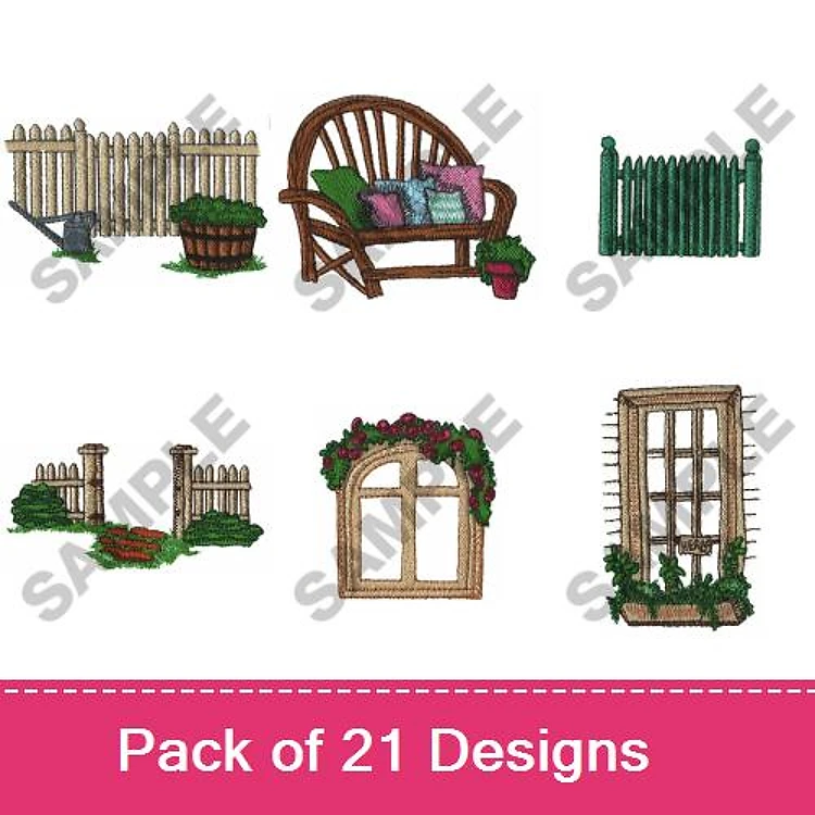 Garden Decor Embroidery Designs Bundle – Garden Bench, Wooden Fence, Potted Plant & More (21 Designs)