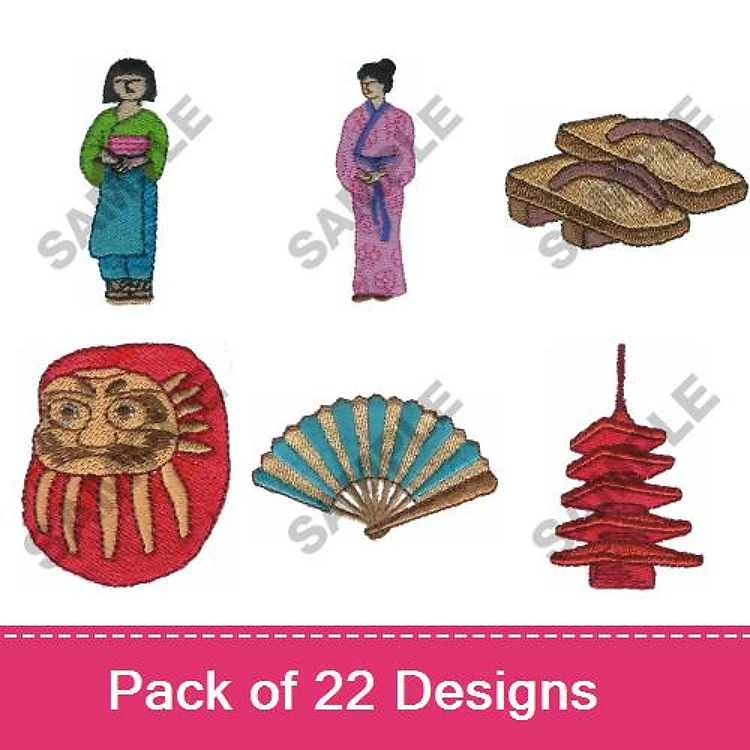 Japanese Culture Embroidery Designs Bundle – Women in Kimono, Daruma Doll, Folding Fan & More (22 Designs)