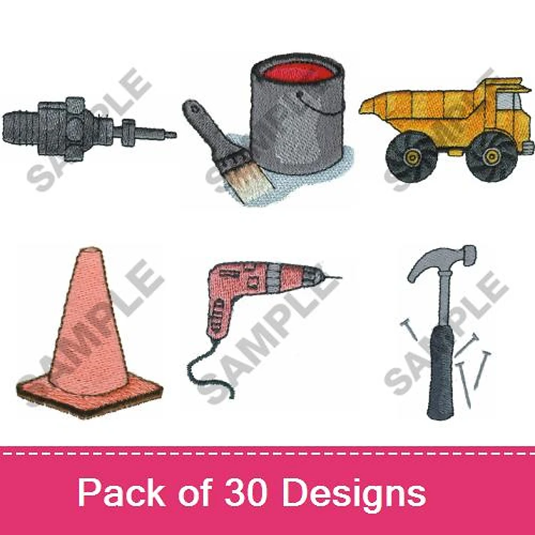 Construction Tools & Vehicles Embroidery Designs Bundle – Dump Truck, Paint Can with Brush, Power Drill & More (30 Designs)