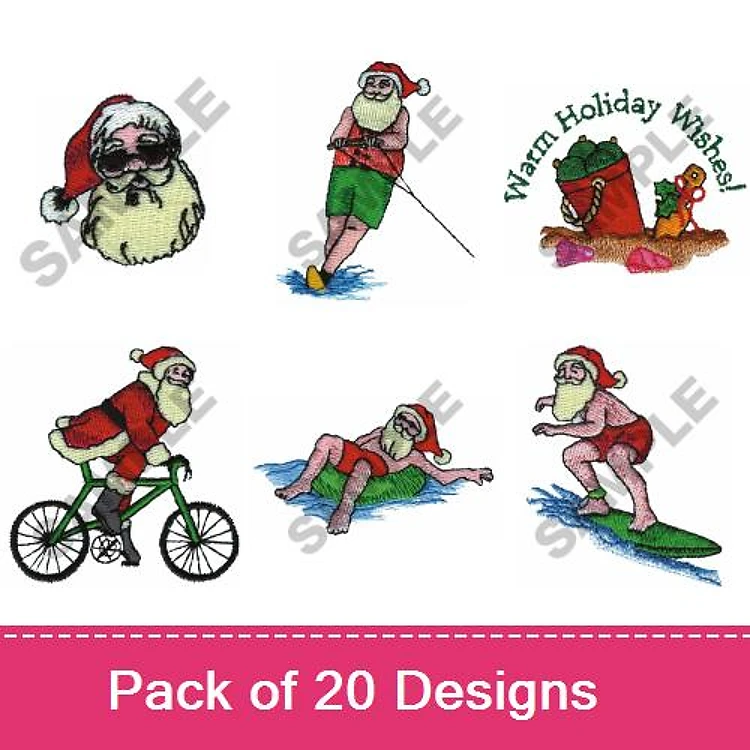 Fun Holiday Santa Embroidery Designs Bundle – Santa with Sunglasses, Santa Surfing, Wham Holiday Wishes & More (20 Designs)